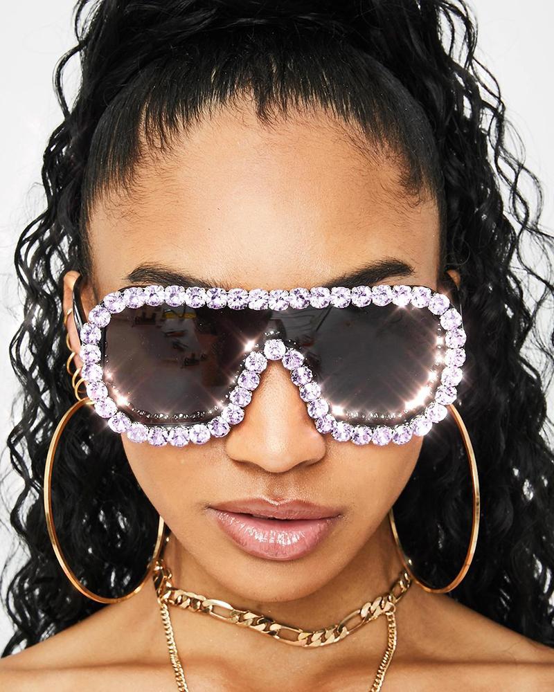 

1Pair Rhinestone Frame Tinted Flat Top Sunglasses, Black