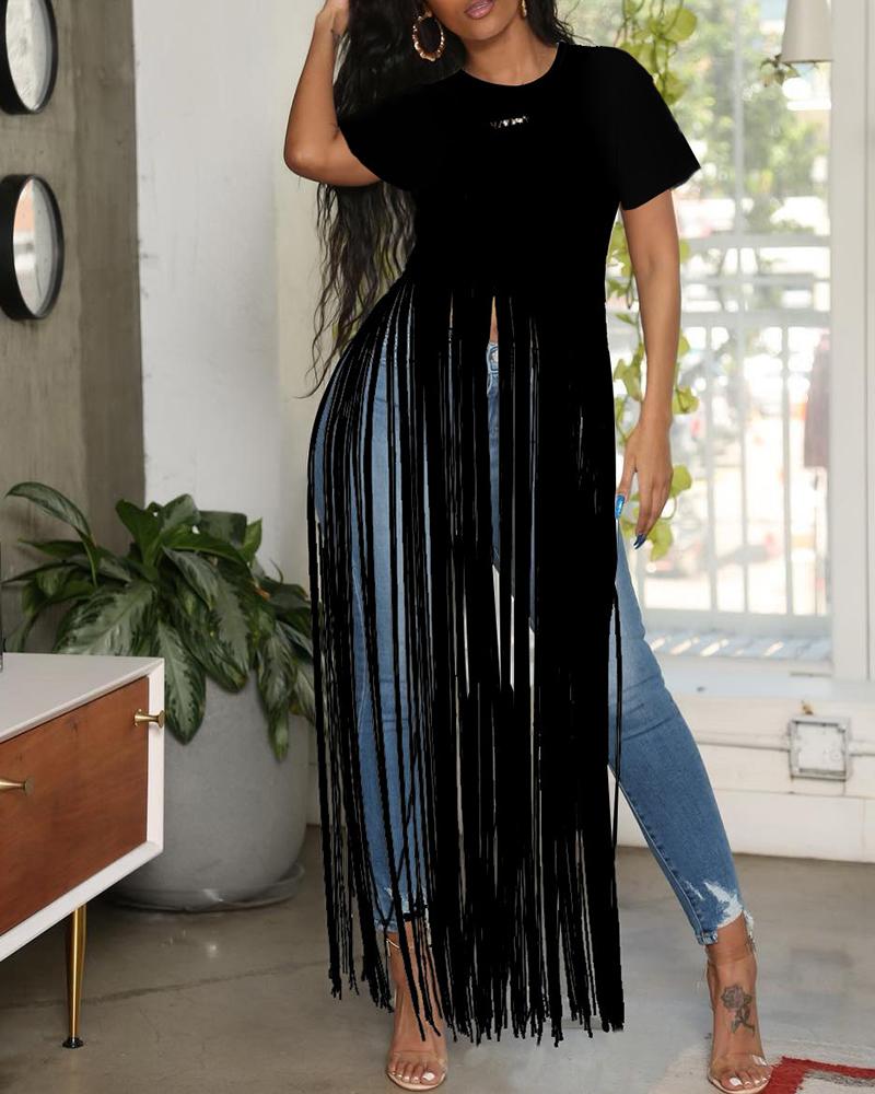 

Short Sleeve Tassel Design Asymmetrical Top, Black