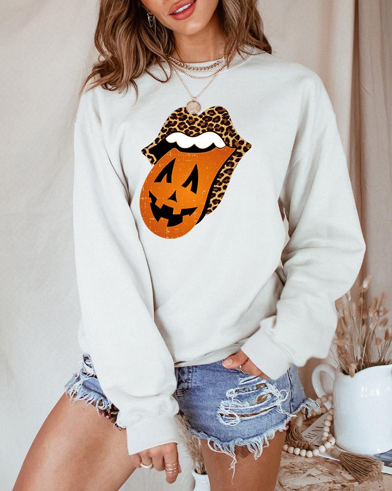 

Halloween O Neck Cheetah Lip Print Sweatshirt, White