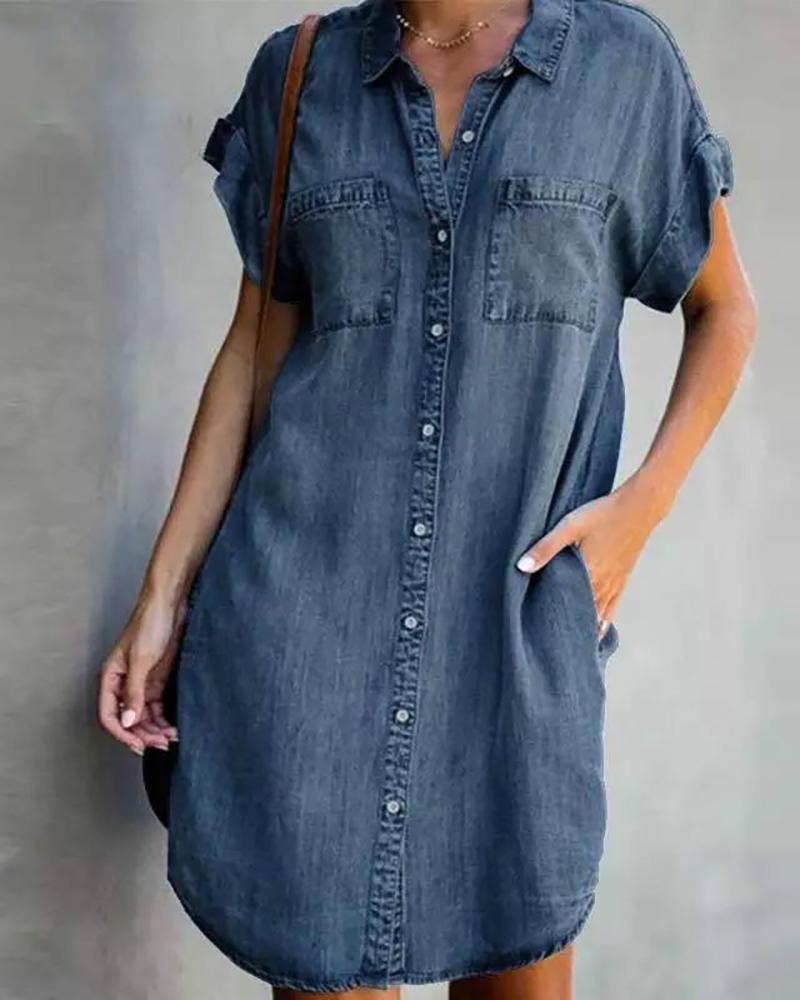

Pocket Button Design Denim Dress, Dark blue