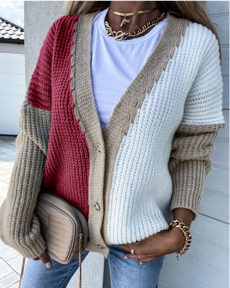 

Color Block Drop Shoulder Button Front Chunky Knit Cardigan, Red