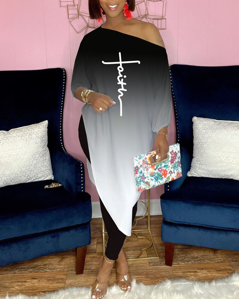

Ombre Letter Print Asymmetrical Top & Pants Set, Black