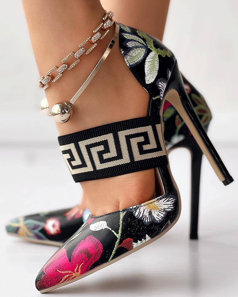 

Floral Geometric Stiletto Heel Pumps, Black