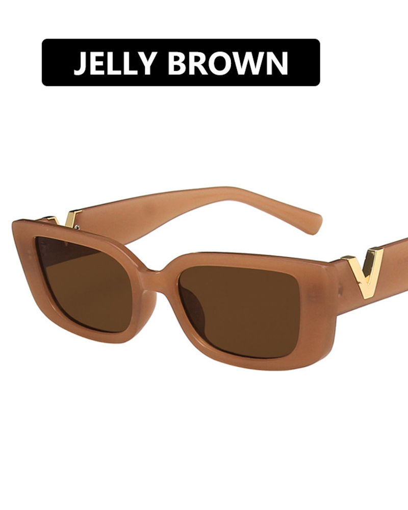 

1Pair Vintage V Detail Rectangle Frame Show Fashion Sunglasses, Coffee