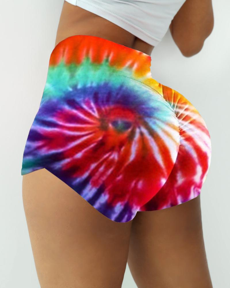 

High Waist Tie Dye Print Ruched Sporty Shorts, Red