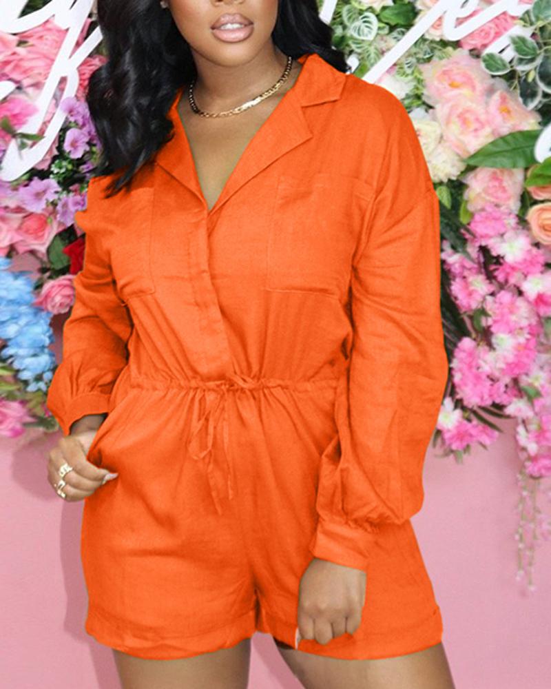 

Long Sleeve Pocket Detail Drawstring Romper, Orange