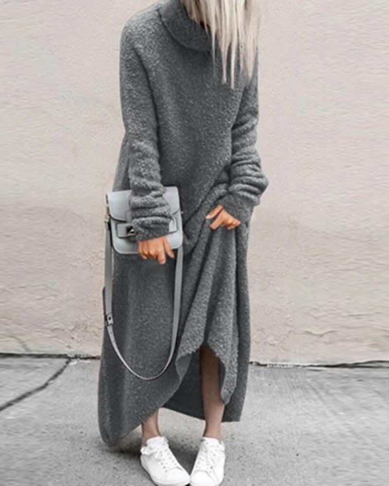 

High Neck Fluffy Long Sleeve Dress, Gray
