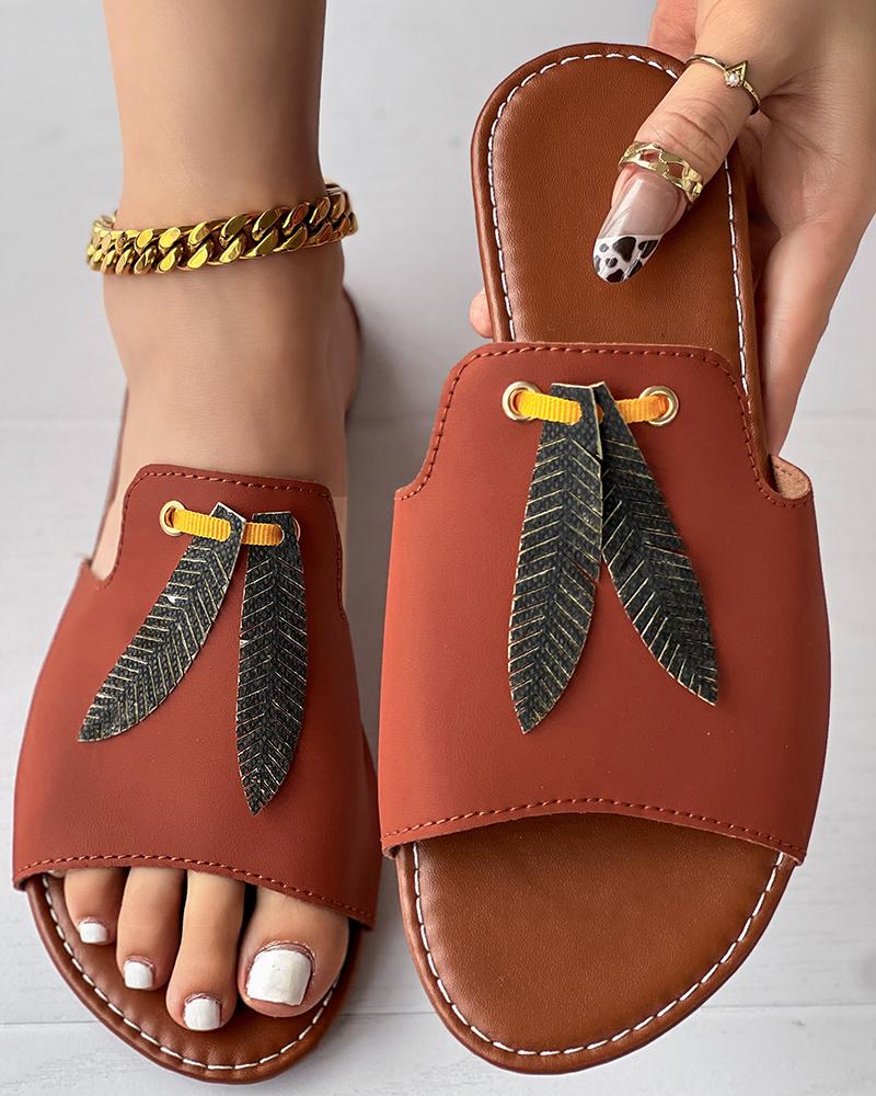 

Leaf Pattern Eyelet Lace-up Slippers Summer Sandals, Brown