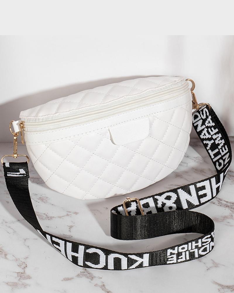 

Quilted Letter Band Zipper Design Crossbody Bag, White