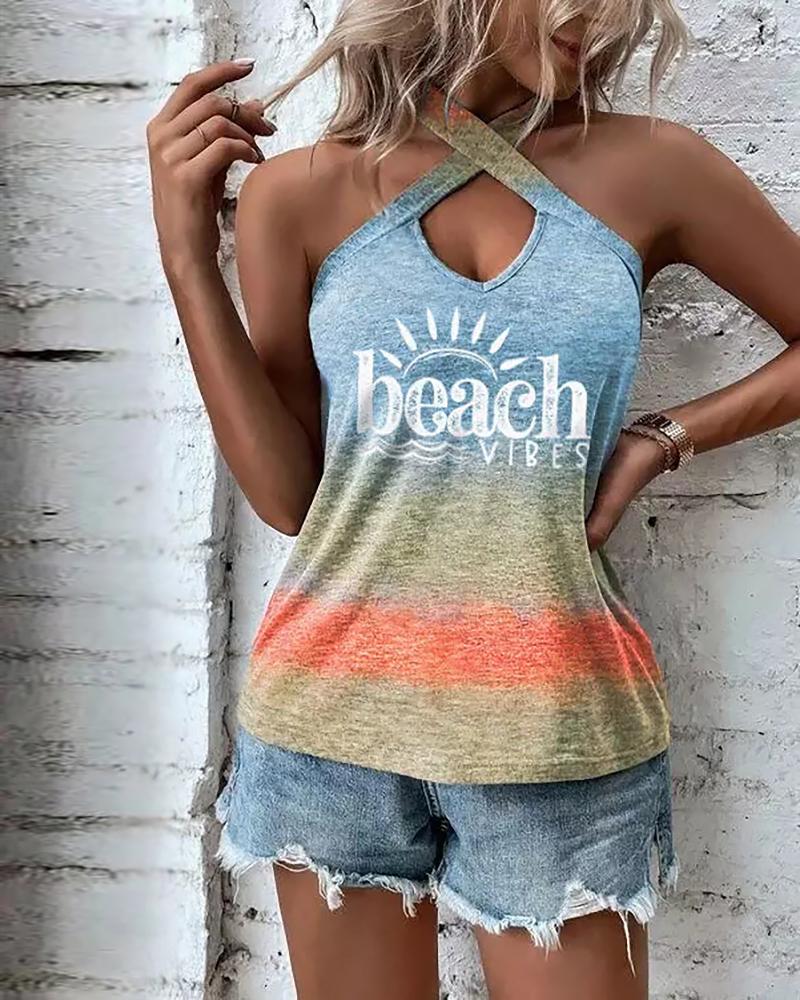 Camiseta sin mangas con cuello halter cruzado y estampado de paisaje de playa