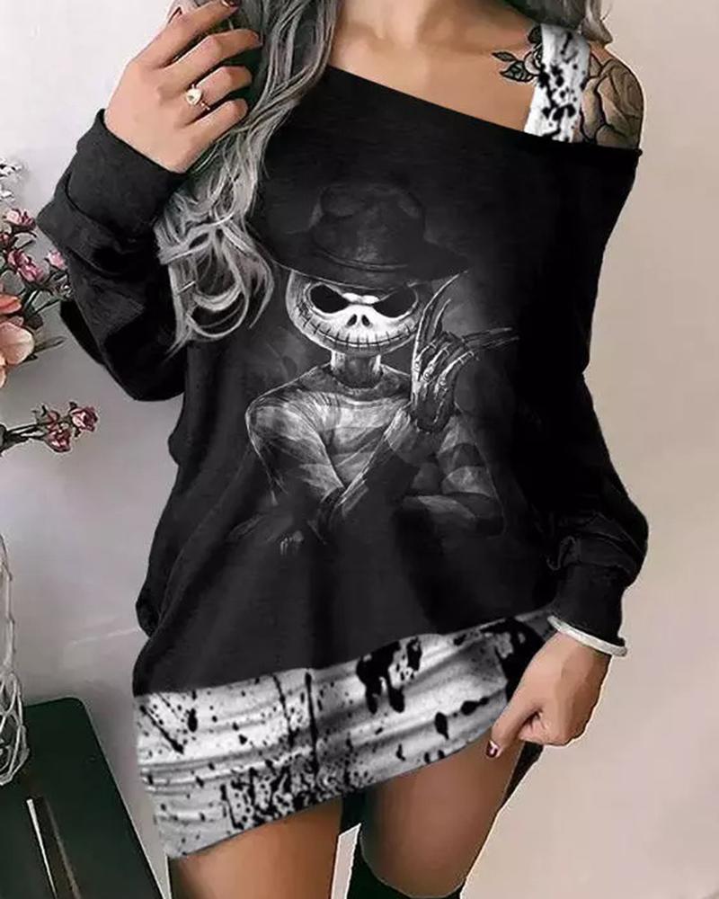 

Halloween Cartoon Figure Print Cold Shoulder Sweatshirt Dress, Black