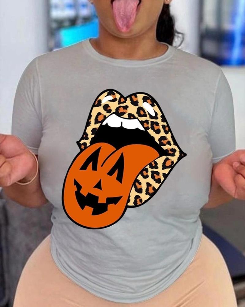 

Halloween Graphic Lip Print Casual T-shirt, Gray