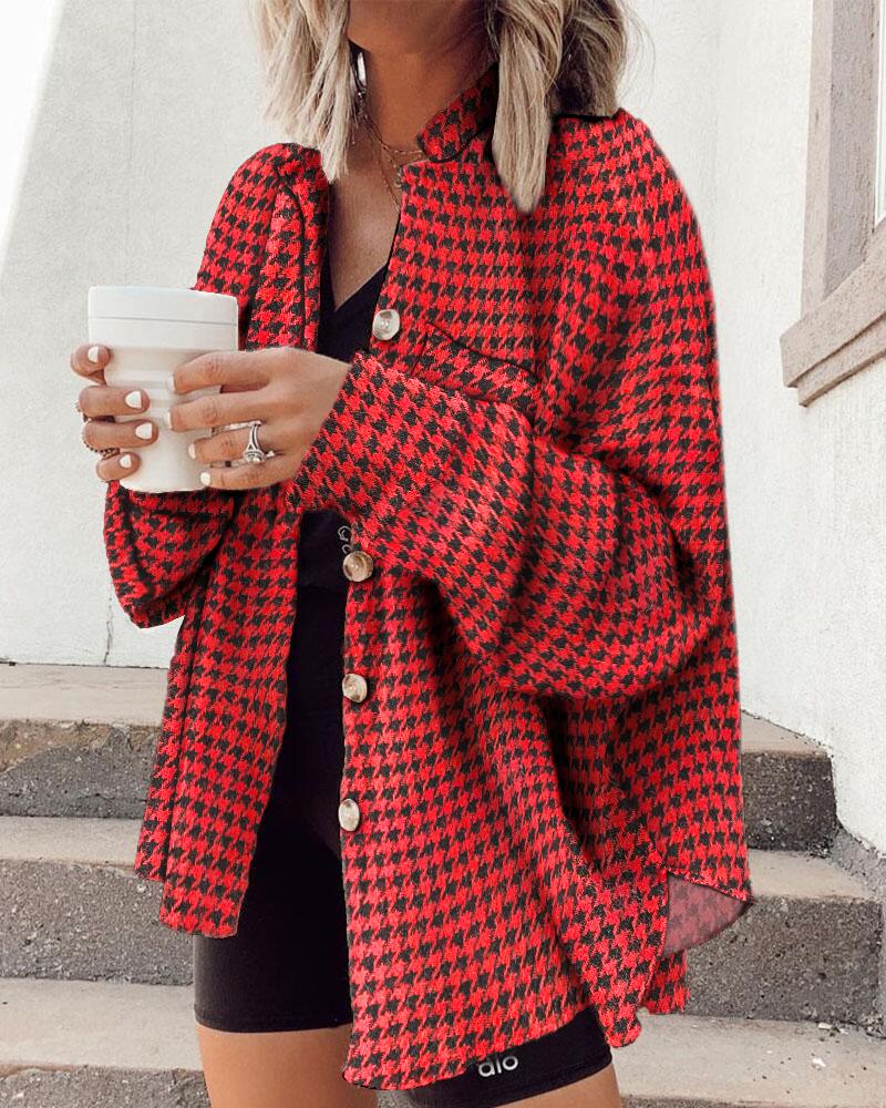 

Houndstooth Print Batwing Sleeve Button Front Shacket, Red