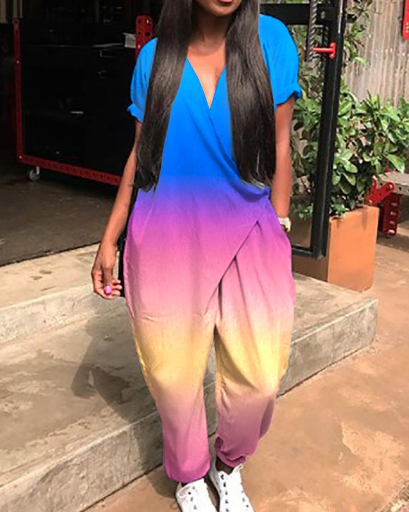 

Ombre Short Sleeve V-Neck Harem Jumpsuit, Blue