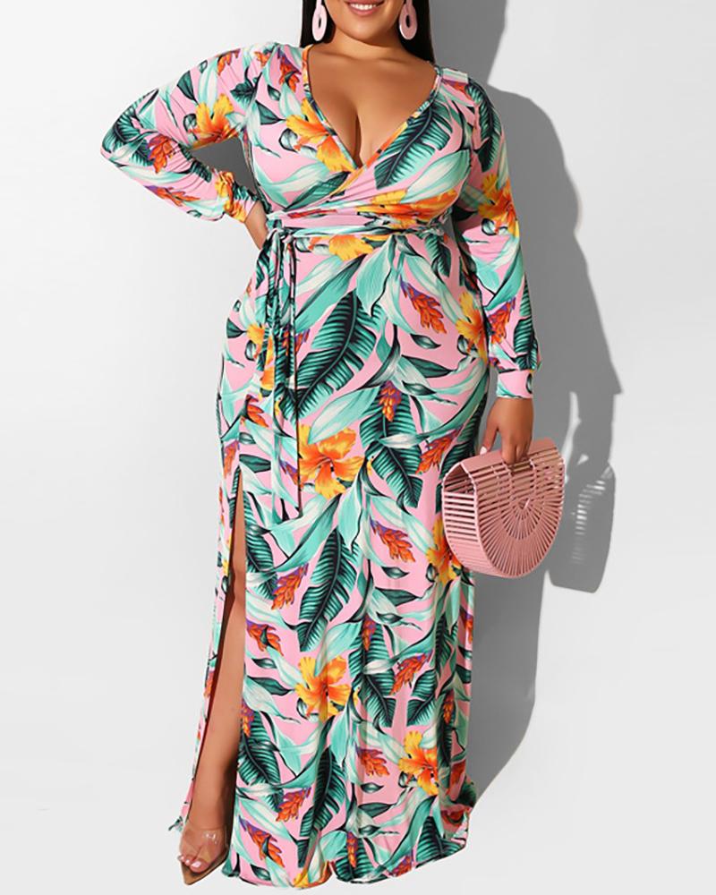 

Plus Size Surplice Neck Tropical Print High Slit Maxi Dress, Green