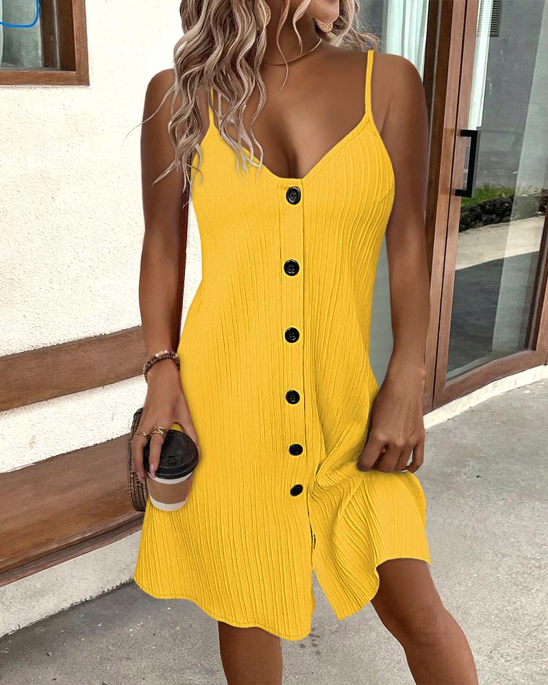 

Textured V-Neck Button Front Spaghetti Strap A Line Mini Dress, Yellow