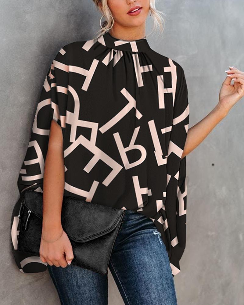 

Letter Print Batwing Sleeve Cape Design Top, Black