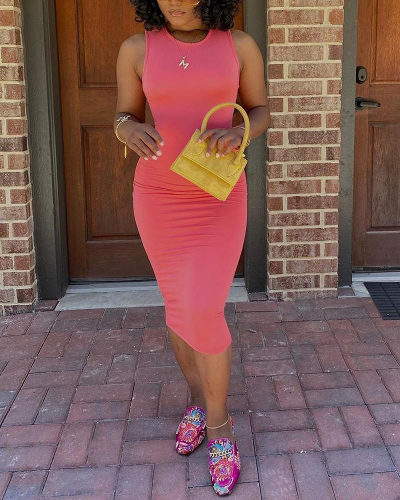 

Plain Round Neck Sleeveless Bodycon Dress, Hot pink