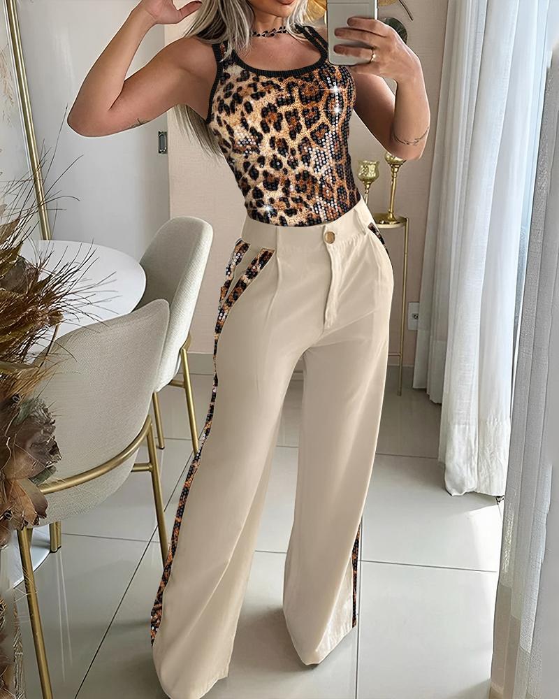 

Conjunto informal de 2 piezas con estampado de leopardo, tirantes gruesos, pantalones de pierna ancha y lentejuelas en contraste, Leopard