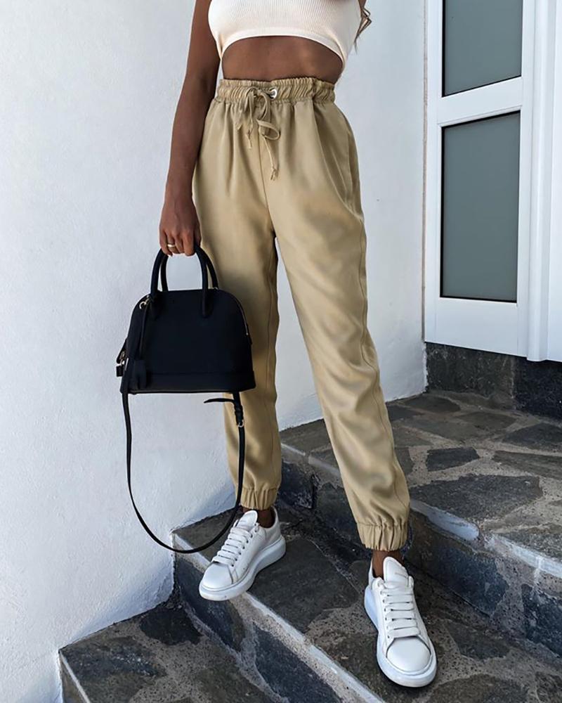 

Eyelet Drawstring High Waist Pocket Design Pants, Khaki