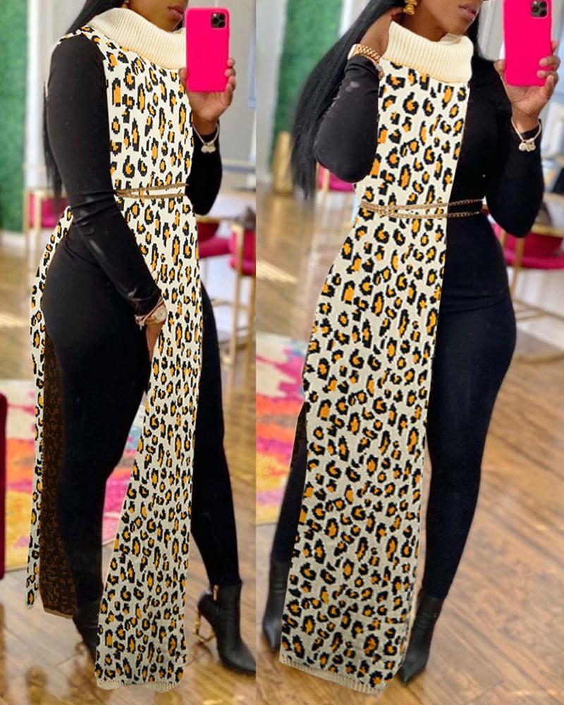 

Leopard Print Side Slit Sleeveless Longline Knit Sweater