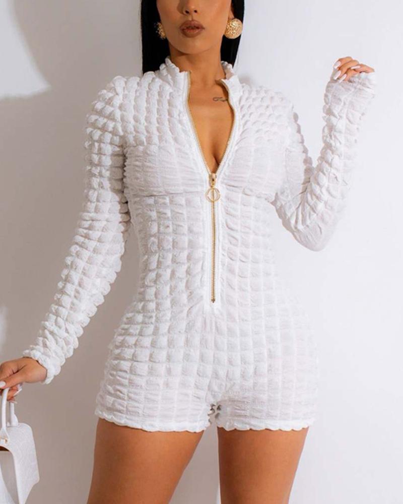 

Long Sleeve Zip Front Textured Romper, White