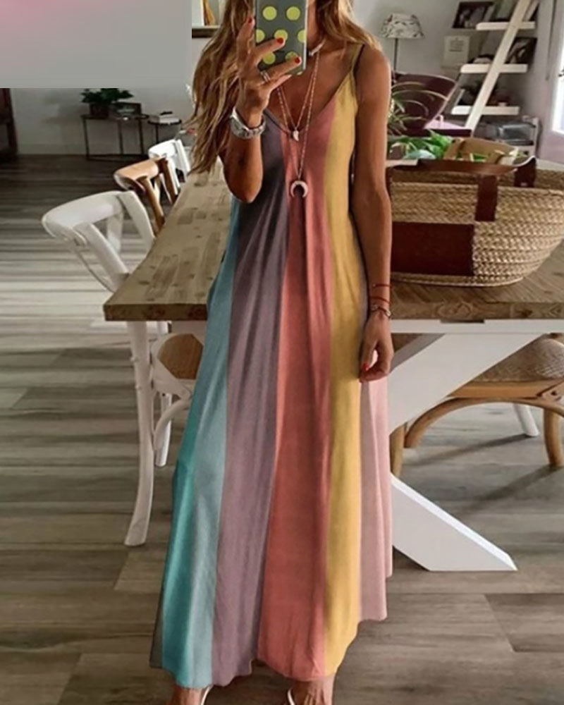 

V-Neck Colorblock Casual Maxi Dress, Orange