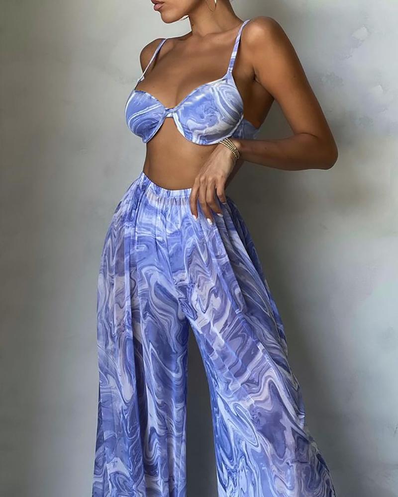 

Tie Dye Print Crop Top & Wide Leg Pants Sets, Blue