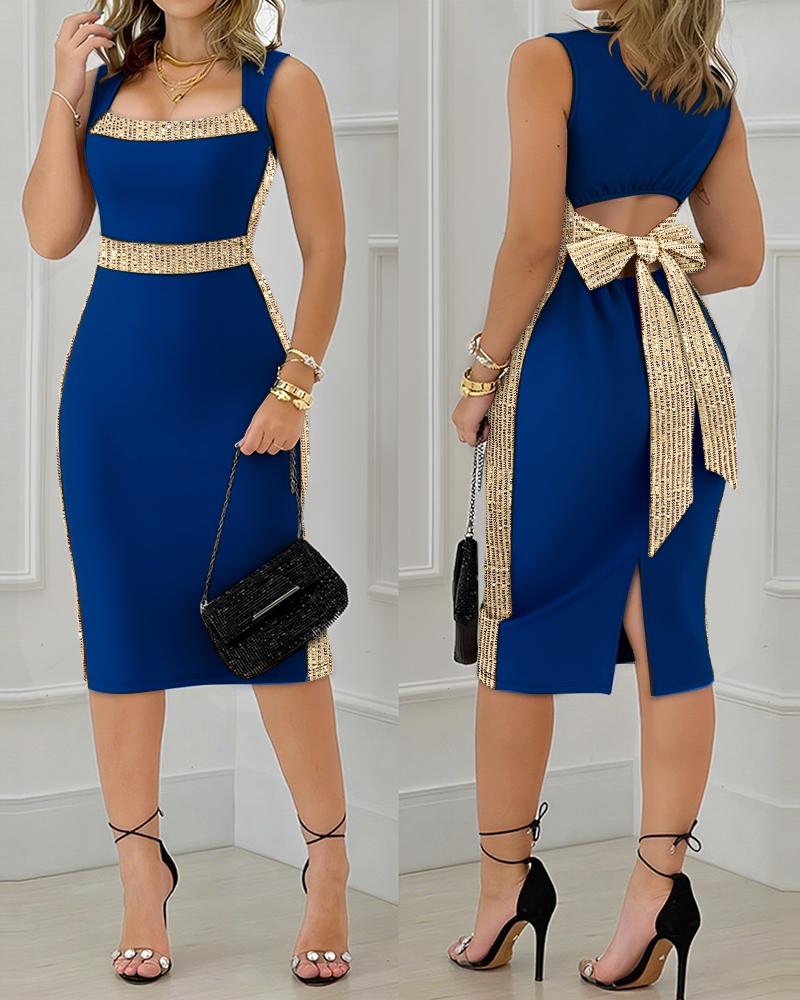 

Vestido sem mangas com decote quadrado e laço vazado, fenda na panturrilha, Blue