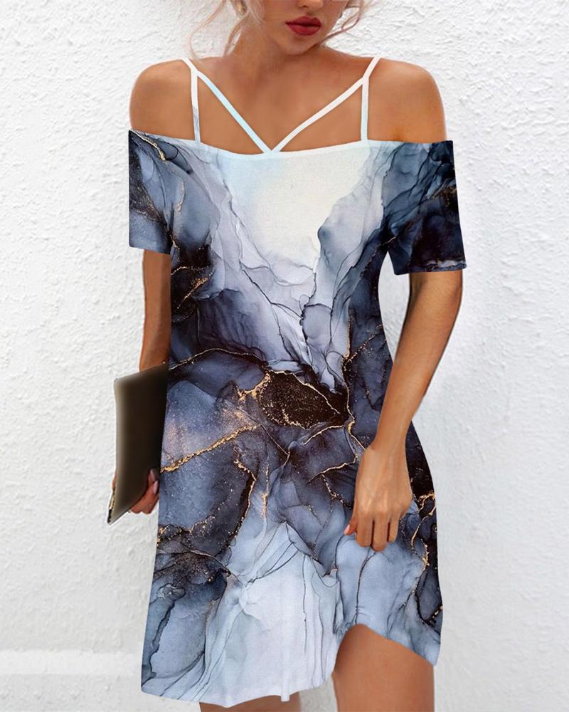 

Marble Print Cold Shoulder Casual Dress, Style1