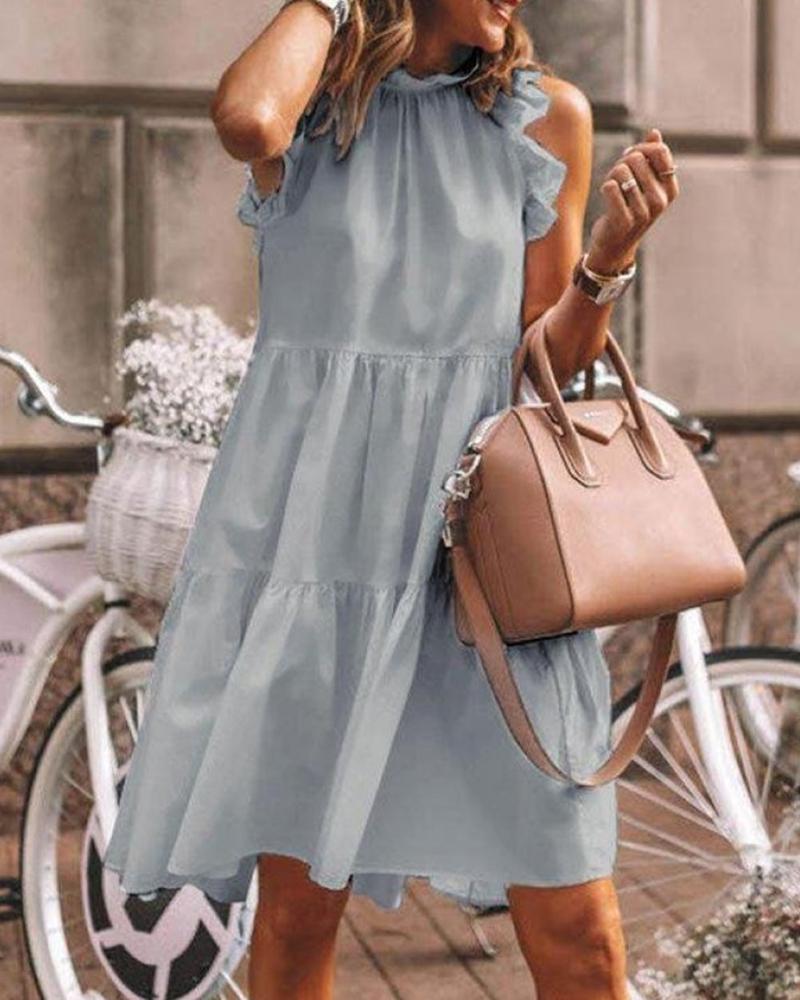 

Ruffles Trim Ruched Short Sleeve Casual Dress, Gray