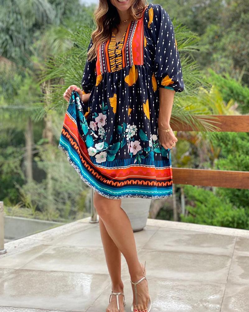 

Retro Tribal Floral Print Casual Swing Dress, Multicolor