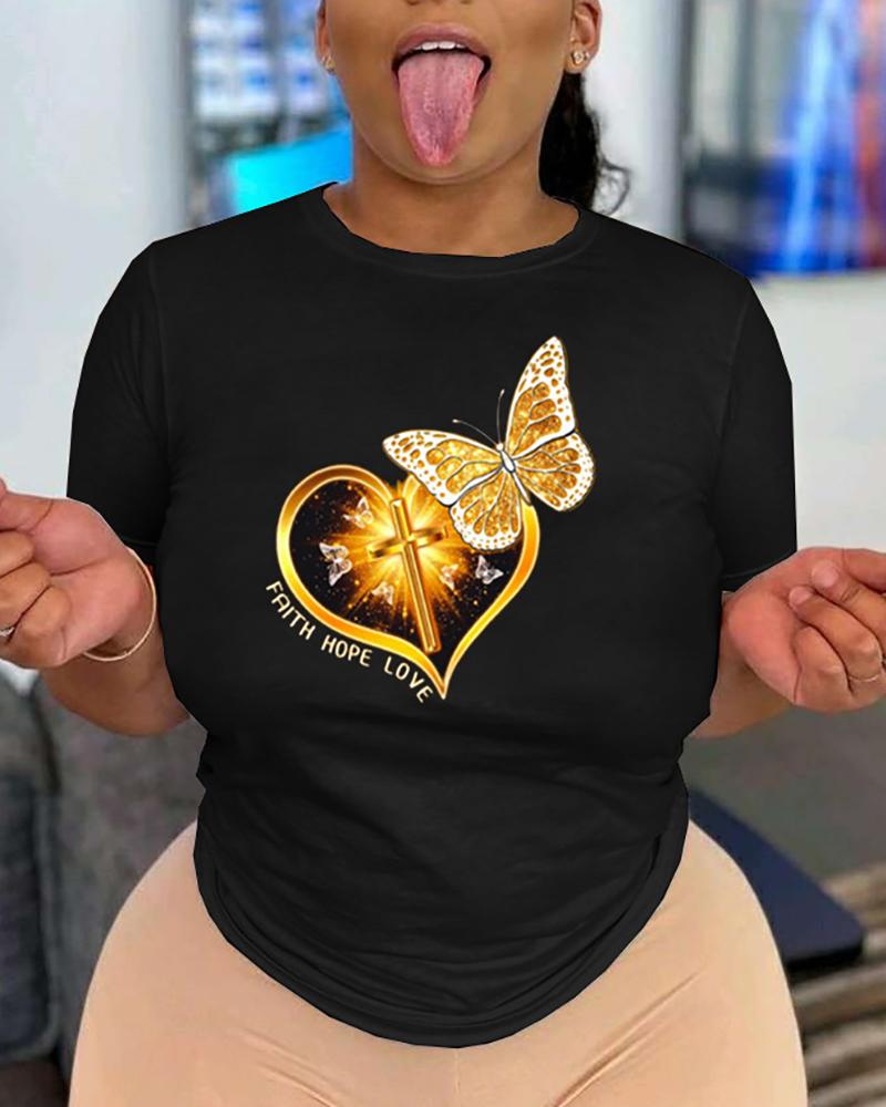 

Butterfly Heart Cross Print Short Sleeve T-shirt, Black
