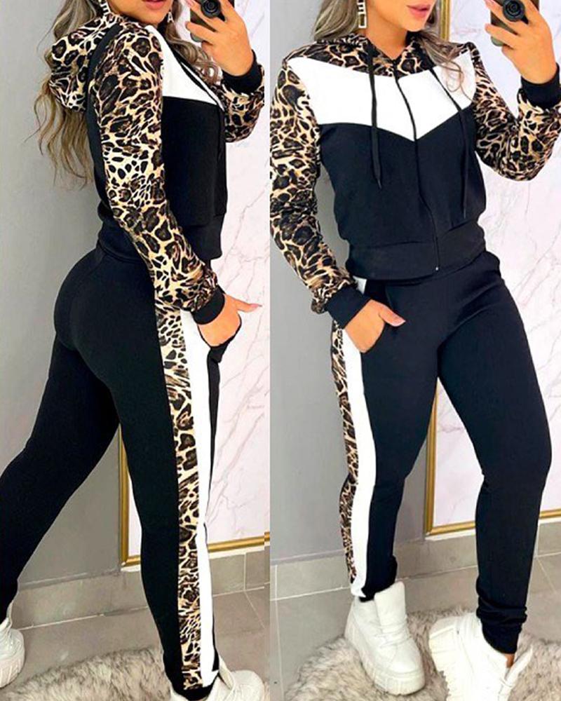 

Leopard Print Colorblock Hoodie & Pocket Design Pants Set, Black