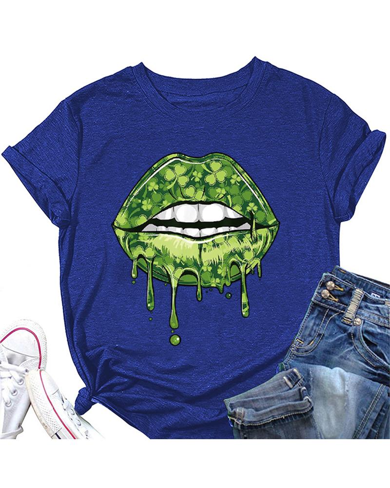 

St. Patrick' Day Lip Clover Print Casual T-shirt, Blue