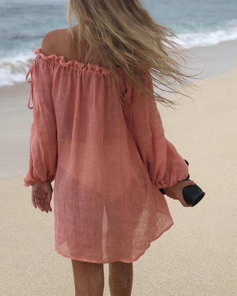 

Frill Hem Lantern Sleeve Slit Cover Up Dress, Pink