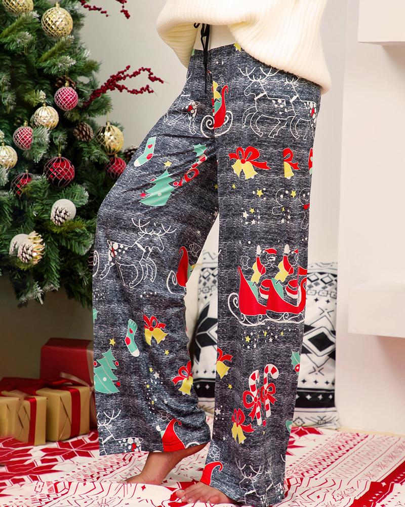 

Christmas Mixed Print Drawstring Wide Leg Pants, Gray