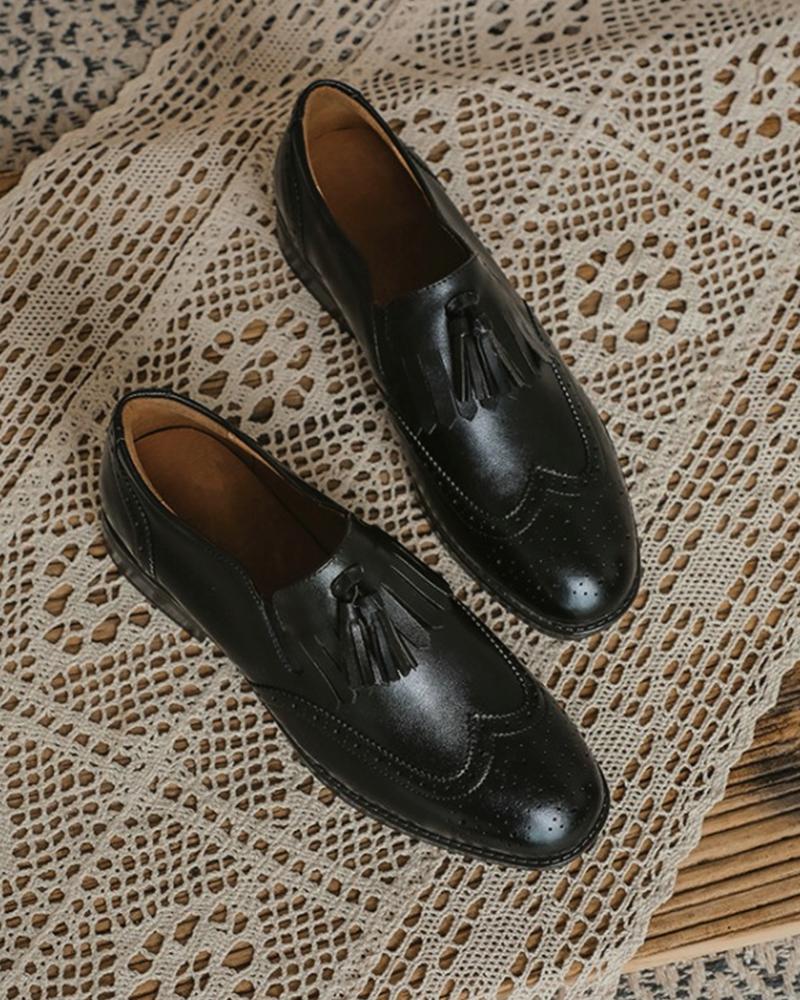 

Solid Tassel Upper Round-toe Flat Loafer Shoes, Black