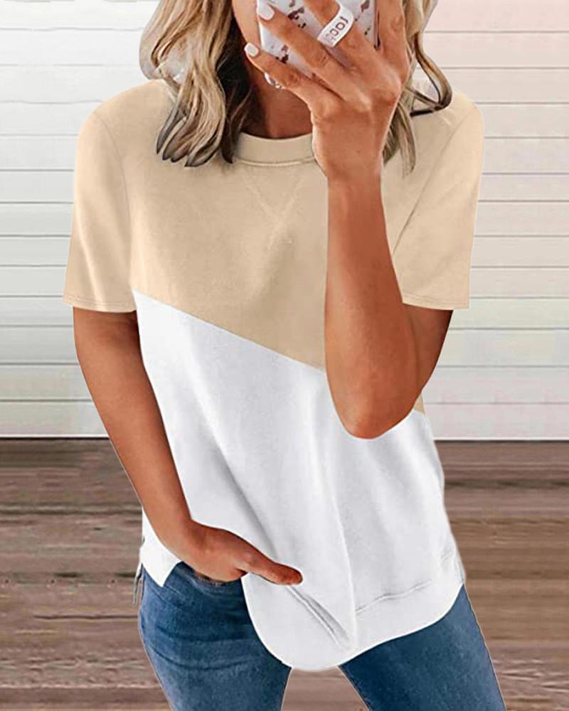 

Colorblock Round Neck Short Sleeve T-Shirt, Apricot