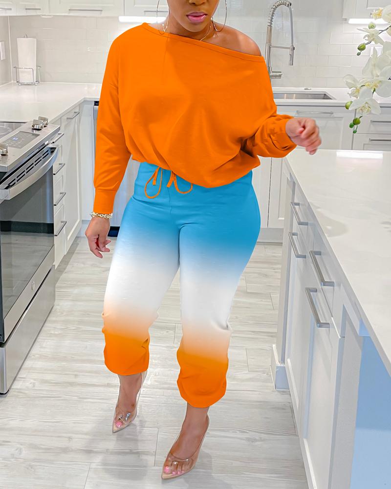 

Skew Neck Top & Ombre Drawstring Cuffed Pants Set, Orange