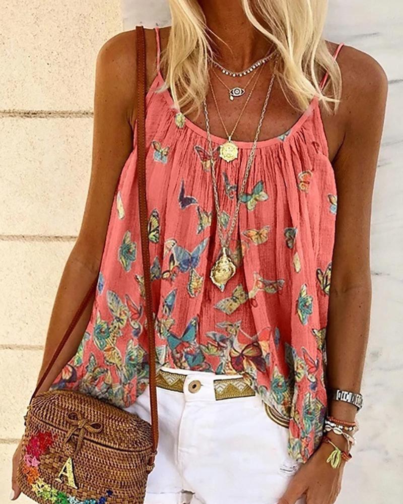 

Butterfly Print Spaghetti Strap Casual Top, Hot pink