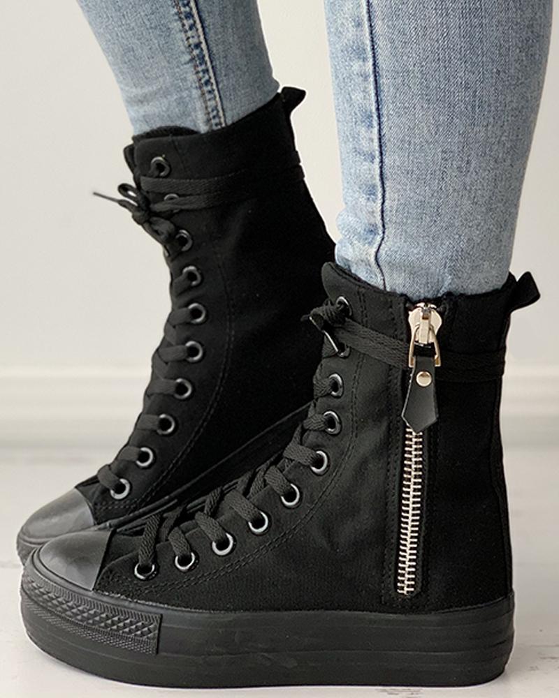 

High Top Zipper Design Eyelet Lace-up Canvas Shoes, Black