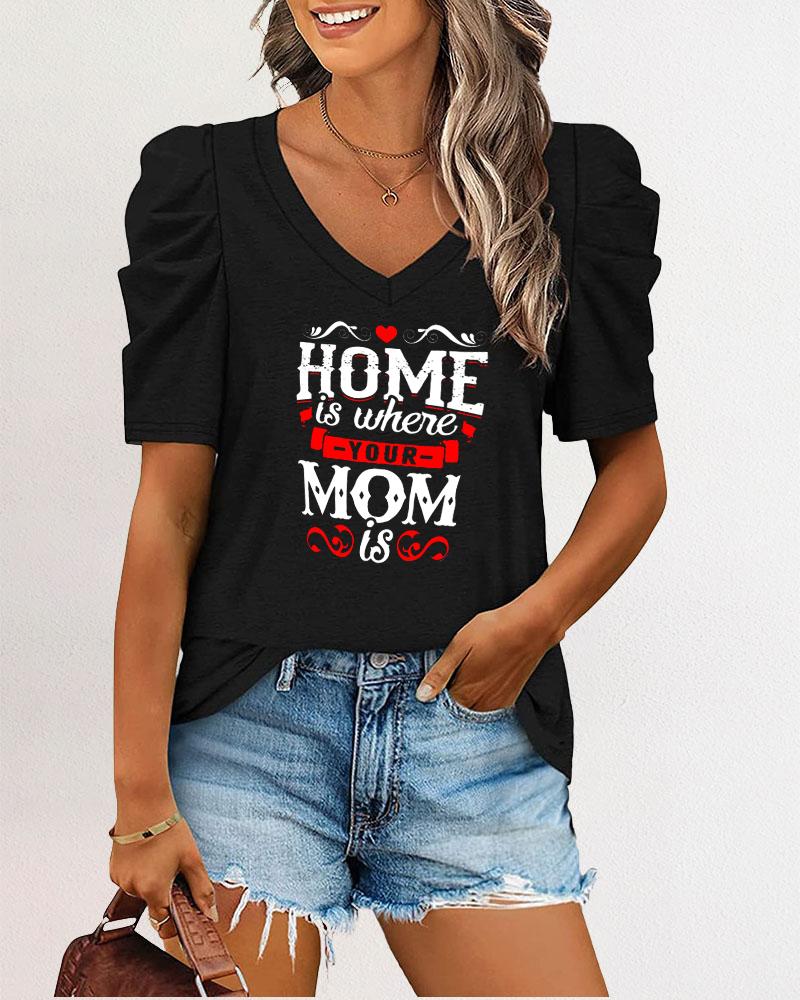 

Mother' Day Letter Heart Print Puff Sleeve T-shirt, Black