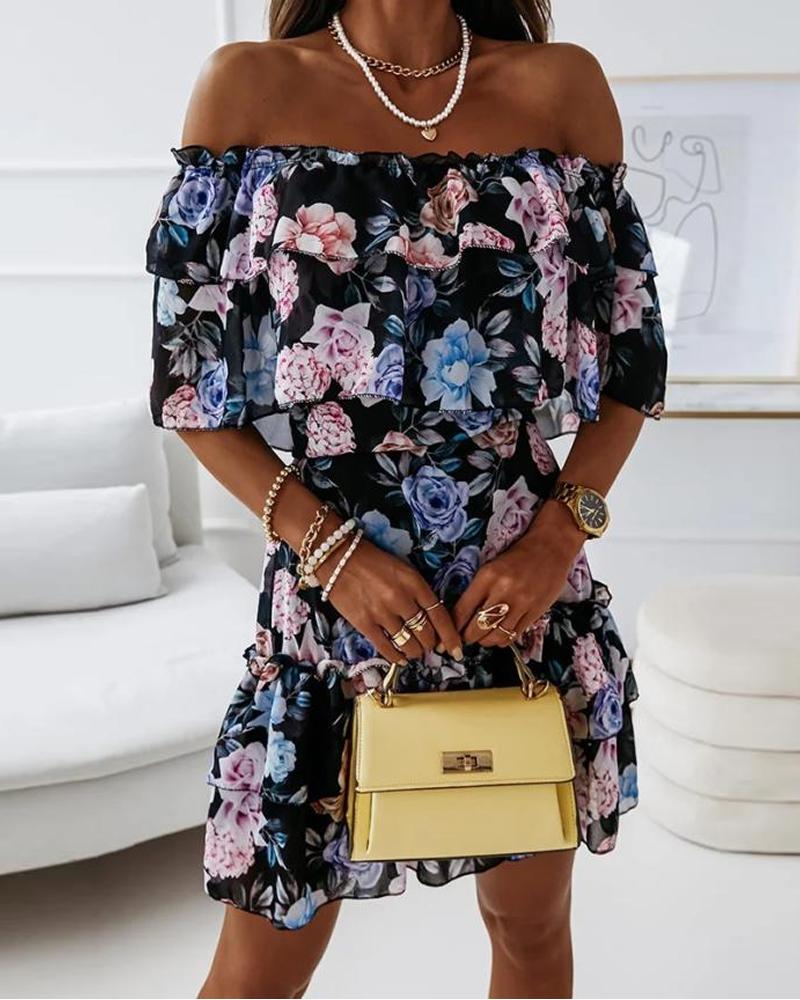 

Floral Print Off Shoulder Ruffle Hem Chiffon Dress, Black