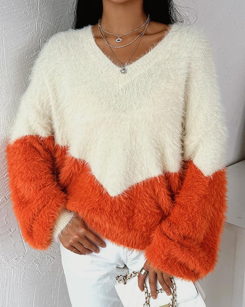 

Colorblock V-Neck Lantern Sleeve Fuzzy Sweater, Orange