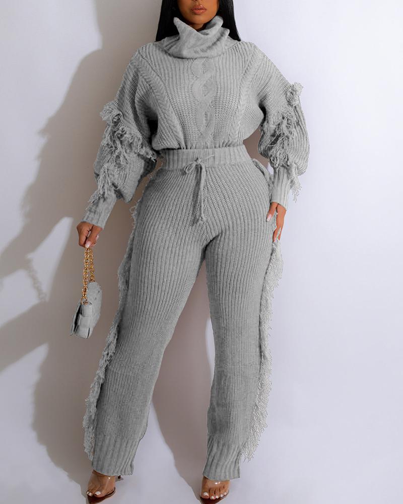 

Tassel Design Sweater & Drawstring Pants Set, Gray