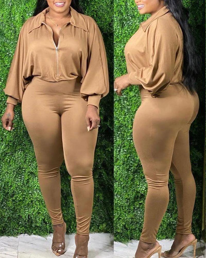 

Plus Size Lantern Sleeve Zip Front Jumpsuit, Khaki