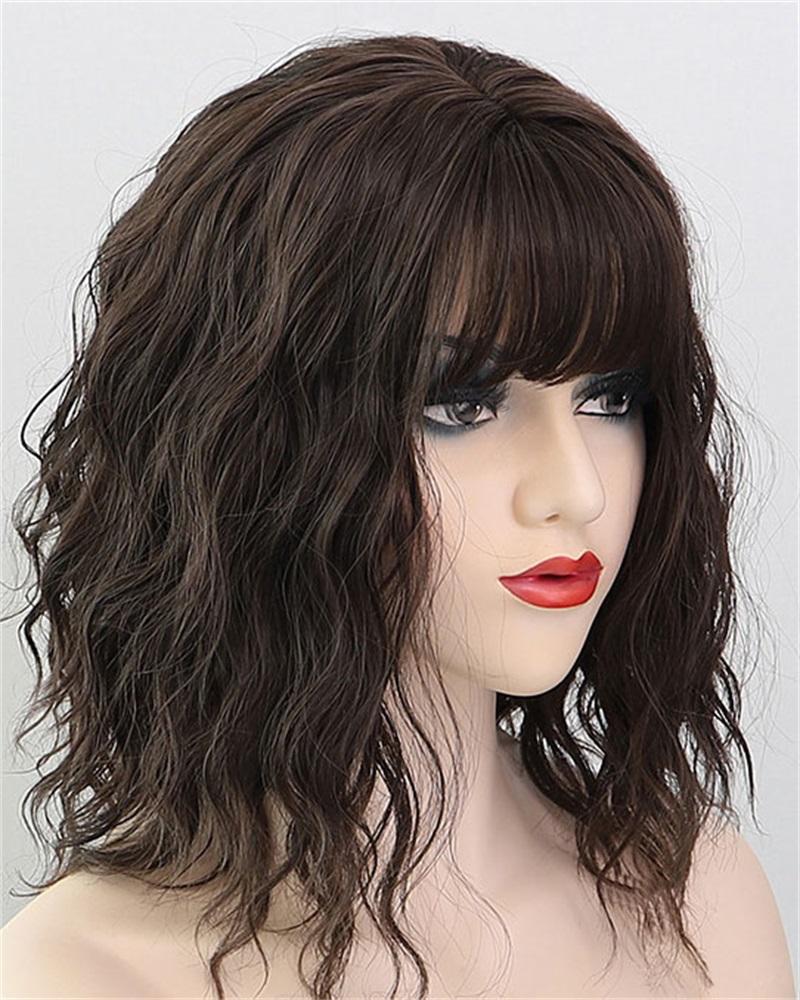 

Short Curly Hair Wig Shoulder Length Natural Looking Synthetic Wavy Bob Wigs With Bangs, Dark brown
