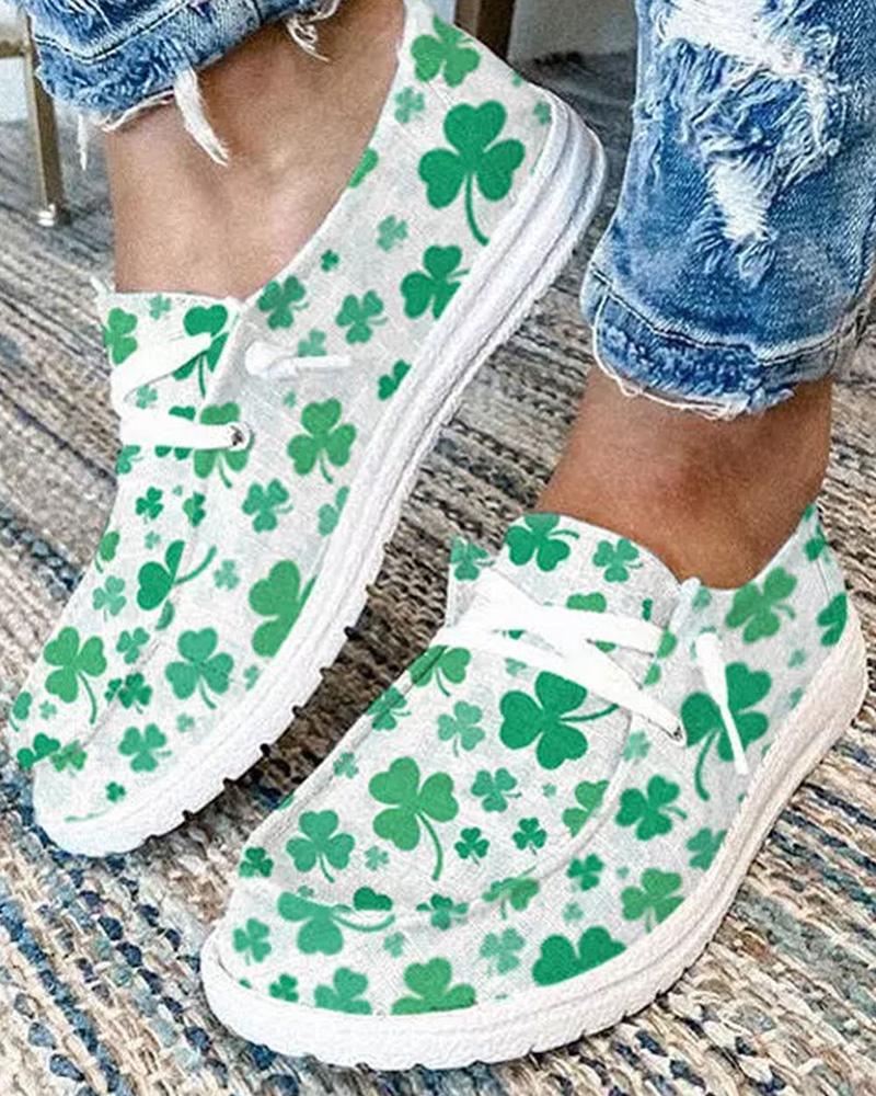 

St. Patrick's Day Clover Print Eyelet Lace-up Slip-on Loafers, White&green