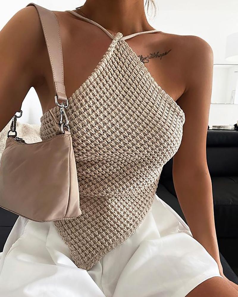 

Halter Knit Handkerchief Backless Top Sleeveless Solid Color Tank Top, Khaki